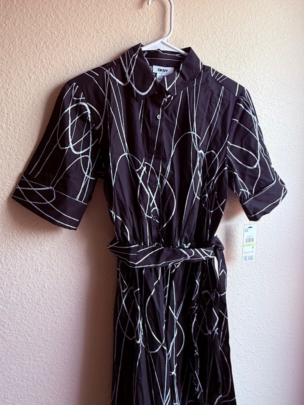 NWT DKNY Women's Black White Abstract Cotton Midi Shirt Dress Size 4 - Picture 3 of 15